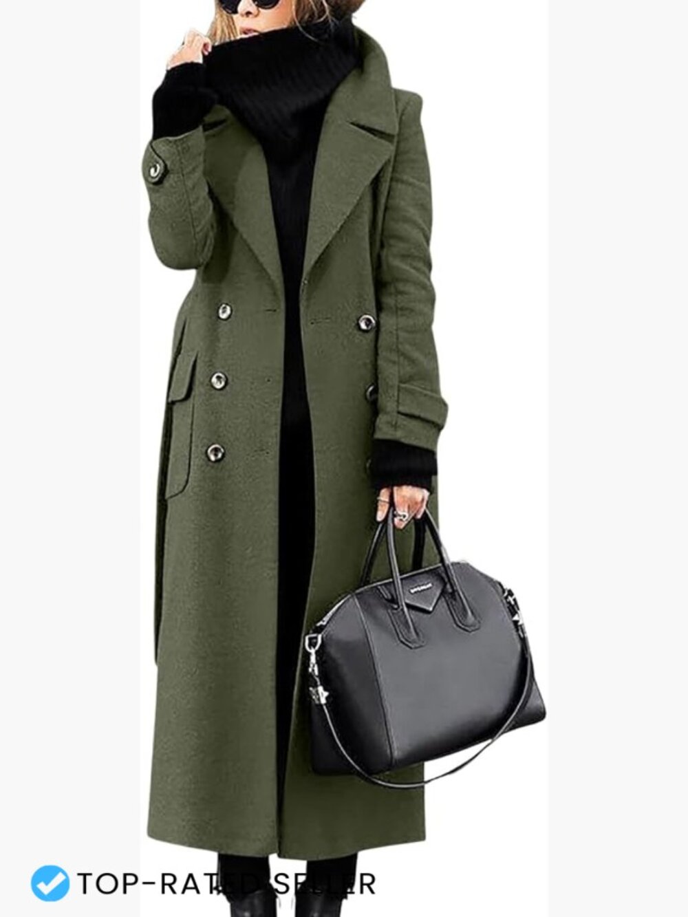 Double Breasted Wool Blend Pea Coat Notched Lapel Belted Mid Long Trench